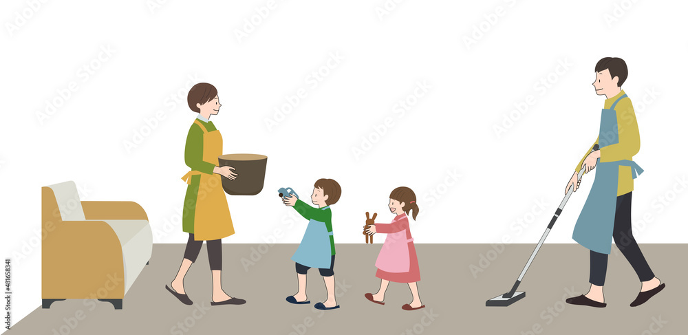 Vecteur Stock エプロンをして笑顔でモップをかける男性と、お片付けをする女性と子供達のイラスト | Adobe Stock