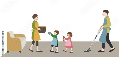 エプロンをして笑顔でモップをかける男性と、お片付けをする女性と子供達のイラスト