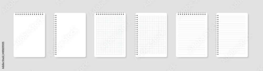 Realistic spiral notepads. Notebook sheets lined and squared. Blank sheets of paper for notes. Empty mock up pages of copybook. Vector illustration. Realistic spiral notepads. Notebook sheets lined and squared. Blank sheets of paper for notes. Empty mock up pages of copybook. Vector illustration.