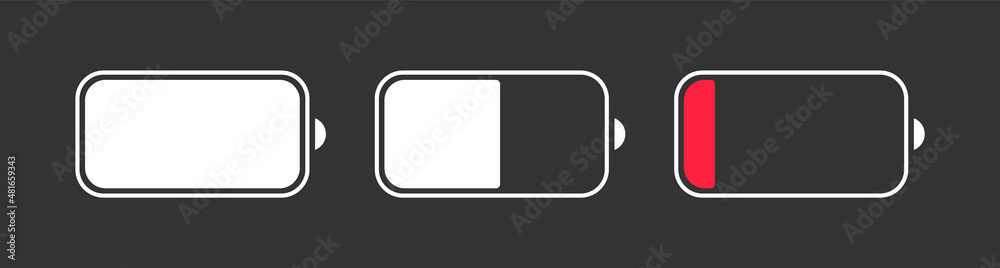 Battery charge indicator icons. Phone charge level, collection of charge power. Discharged and fully charged battery. Battery charge from high to low. Vector Illustration.