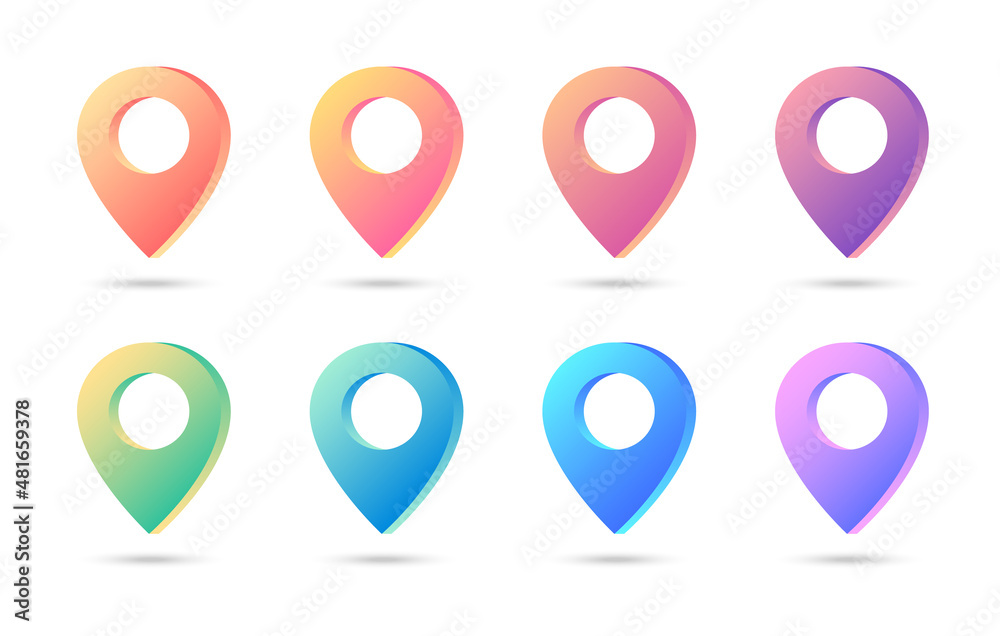 Set of 3D bright map pointers. Marker for maps. Gradient colored map pointers. Location symbols. Vector illustration. - obrazy, fototapety, plakaty 