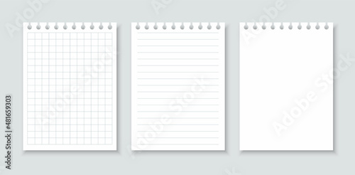 Realistic sheets notepads. Lined and squared paper sheets of notebook. Blank sheets of paper with lines and squares for notes. Empty mock up pages of copybook. Vector illustration.