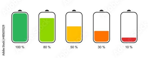 Battery charge indicator icons. Phone charge level, color collection of charge power. Discharged and fully charged battery. Battery charge from high to low. Vector Illustration.