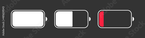Battery charge indicator icons. Phone charge level, collection of charge power. Discharged and fully charged battery. Battery charge from high to low. Vector Illustration.