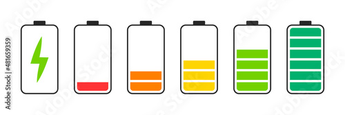 Battery charge indicator icons. Phone charge level, color collection of charge power. Discharged and fully charged battery. Battery charge from high to low. Vector Illustration. photo
