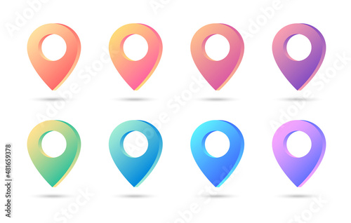 Set of 3D bright map pointers. Marker for maps. Gradient colored map pointers. Location symbols. Vector illustration.