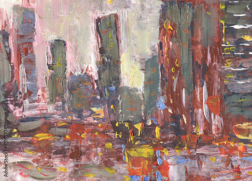 Urban landscape depicts city in evening at sunset with silhouettes of high-rise buildings with red and yellow lights. Original painting painted with oil paints on paper.
