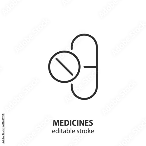 Medicines line icon. Vector sign of pill. Editable stroke.