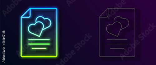 Glowing neon line Marriage contract icon isolated on black background. Wedding certificate. Vector