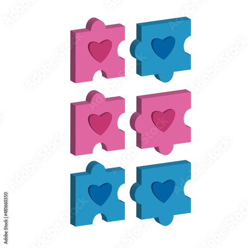 Puzzle pieces with a heart. Love between women and men. Love concept. Isometric style