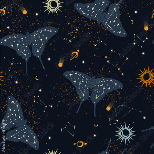 Seamless pattern with space butterfly on black background. Contemporary composition. Trendy texture for print, textile, packaging.