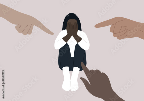 Fingers pointing at a young female African character covering their face with hands, a desperate situation, racism, stress and anxiety, victim-blaming, misogyny, and sexism photo