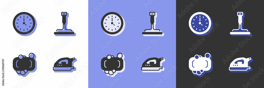 Set Electric iron, Clock, Bar of soap and Rubber cleaner for windows icon. Vector Set Electric iron, Clock, Bar of soap and Rubber cleaner for windows icon. Vector