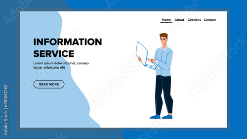 Information service customer call. computer web technology. support center character web flat cartoon illustration