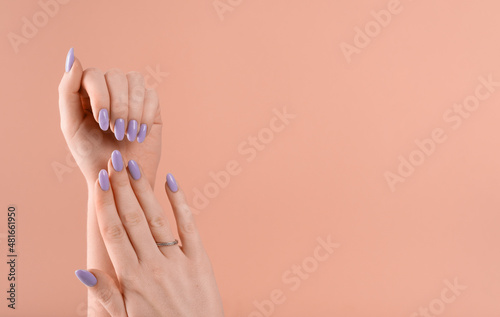 Hands of a beautiful well-groomed with feminine violet lavender nails gel polish on a beige background. Manicure, pedicure beauty salon concept. photo