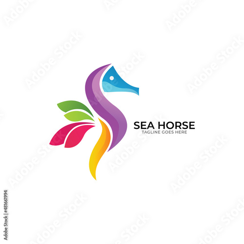 Seahorse and wave logo vector. Underwater design.