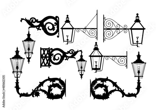 Silhouettes of vintage gas bracket lantern. Street lamp silhouette set. Flat vector.
