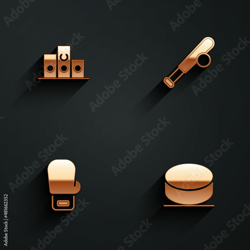 Set Award over sports winner podium, Baseball bat with ball, Boxing glove and Hockey puck icon with long shadow. Vector