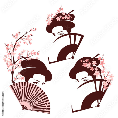 beautiful japanese geisha hiding face behind fan among blooming sakura tree branches - spring season vector portrait of asian beauty