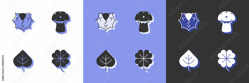 Set Four leaf clover, Chestnut, Leaf and Mushroom icon. Vector