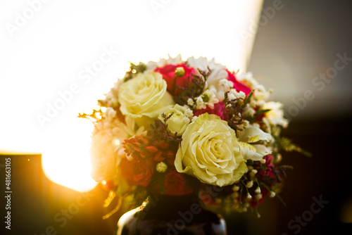 
Bouquet of flowers from roses and daisies, flowers for the day of everything, wedding bouquet, flowers for the bride, wedding accessories.