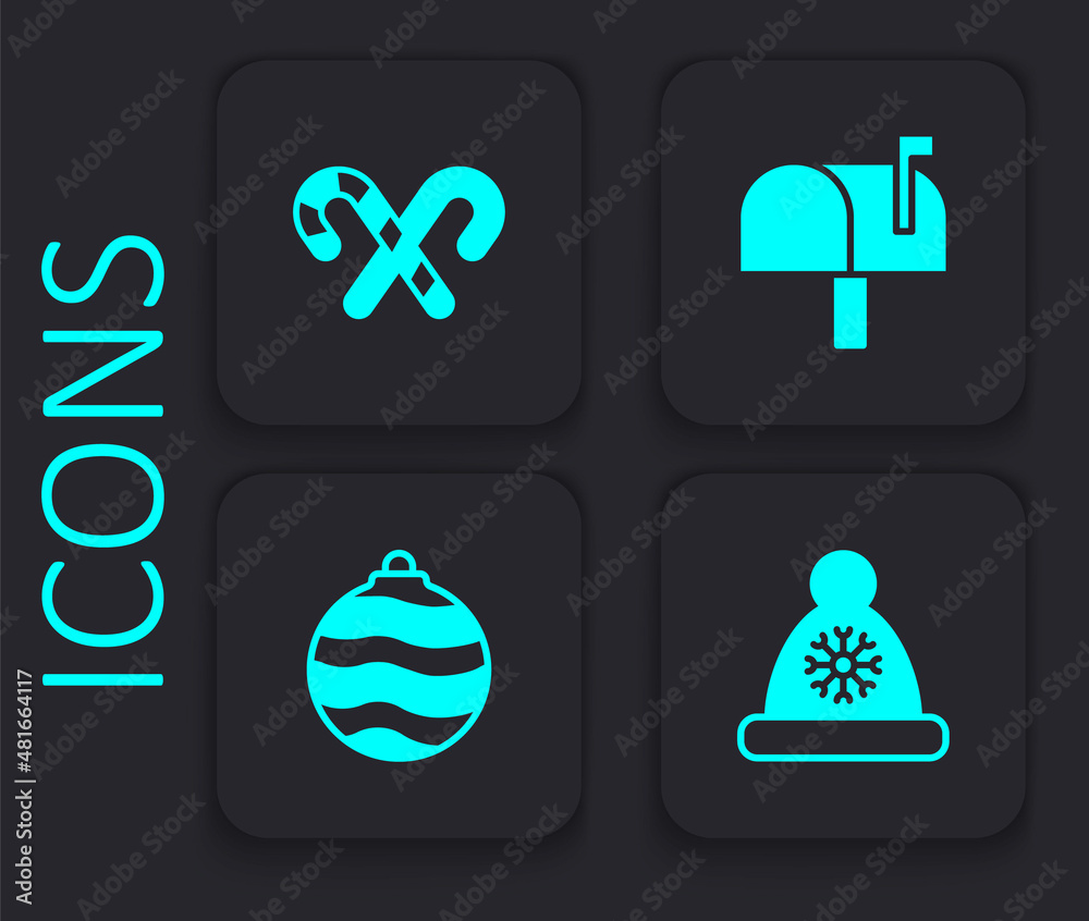 Set Christmas Santa Claus hat, Candy cane with stripes, Mail box and ball icon. Black square button. Vector