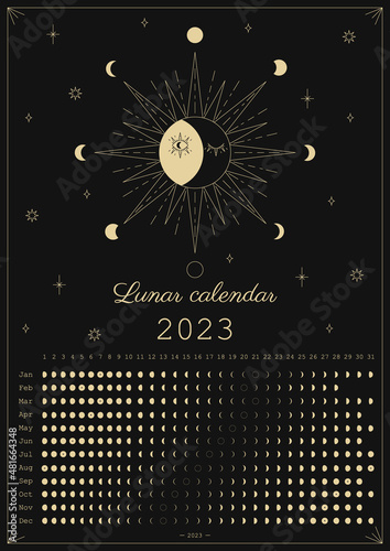 2023 Moon calendar. Astrological calendar design. Moon phase cycle. Modern boho moon calendar poster template design. Lunar phases schedule and cycles. Vector vintage illustration. Editable A3, A4, A5