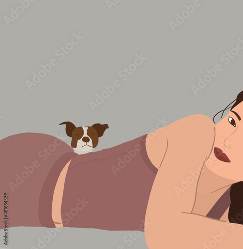 Young Korean girl posing to camera lying down while behind her is her precious doggy looking at the camera. Animal Lover Concept.