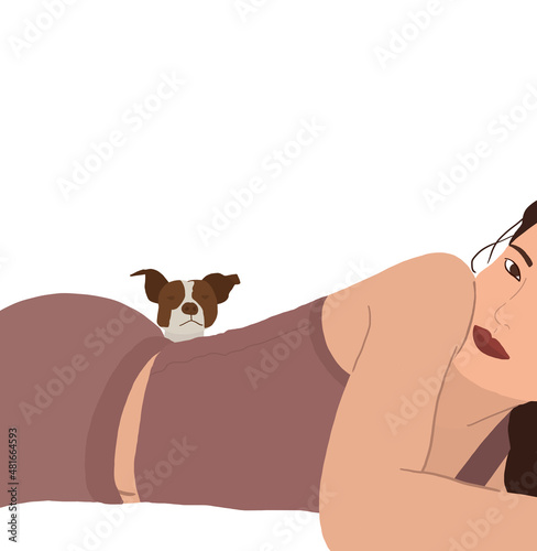 Young Korean girl posing to camera lying down while behind her is her precious doggy looking at the camera. Animal Lover Concept.