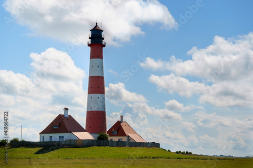 Lighthouse Westerhever in Schleswig Holstein  Germany. View on landscape by national park Wattermeer in Nordfriesland.