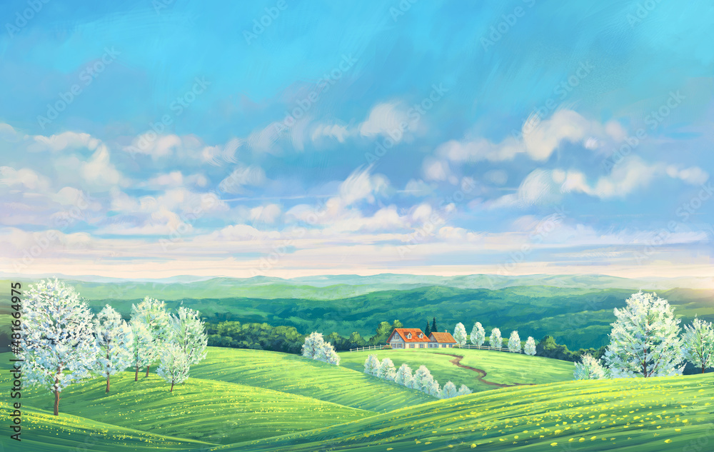 Fototapeta premium Spring rural landscape with hills and flowering fruit trees and also with a village in the background. 