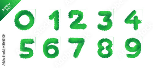 Collection of numbers. Green grass filled the character. Zero to nine, figures. Vector illustrations
