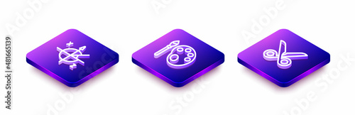 Set Isometric line Trigonometric circle, Paint brush with palette and Scissors icon. Vector