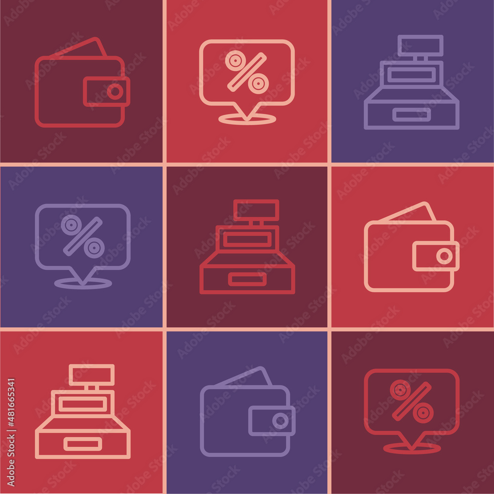 Set line Wallet, Cash register machine and Discount percent tag icon. Vector Set line Wallet, Cash register machine and Discount percent tag icon. Vector