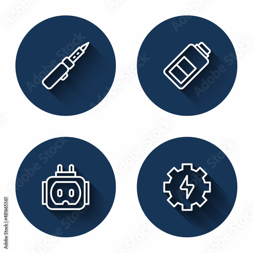 Set line Soldering iron, Battery charge, Tee plug electric and Gear and lightning with long shadow. Blue circle button. Vector