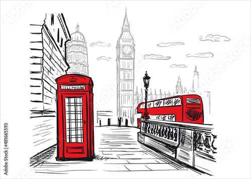 London city scene with  telephone line, architecture. Hand drawn illustration, Vector.