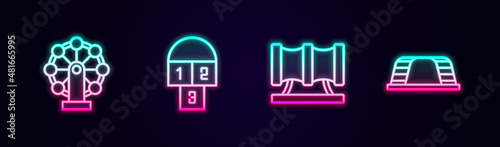 Set line Ferris wheel, Hopscotch, Kid playground slide pipe and Monkey bar. Glowing neon icon. Vector