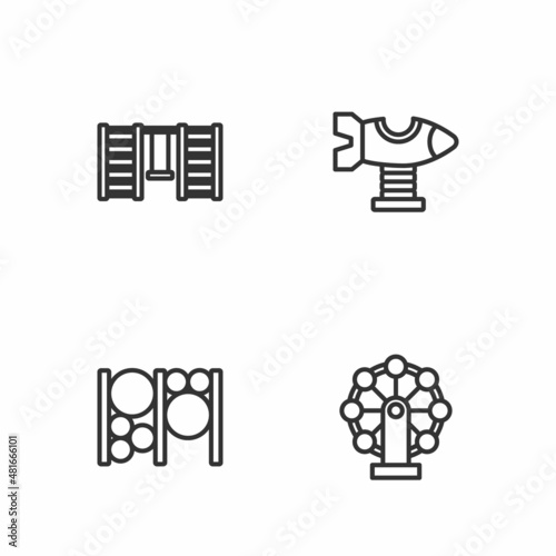 Set line Ferris wheel, Playground climbing equipment, Swedish wall and Swing plane icon. Vector