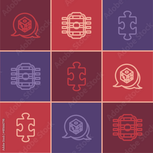 Set line Game dice, Puzzle pieces toy and Table football icon. Vector