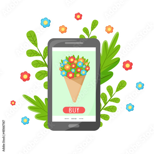 Delivery flowers concept - phone and bouquet