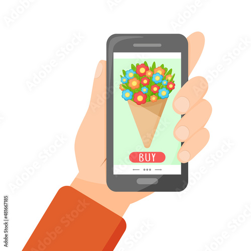 The concept of online flower shopping - a hand with a phone