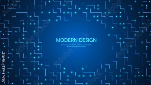 Neon blue background frame. Design of cells, geometric shapes, circles, lines, dots. Glowing stars. Pattern of the maze. Poster for technology, medicine, social networks, business. Vector illustration