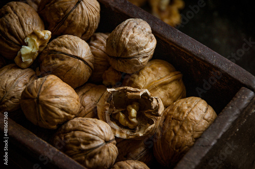 walnuts in a wooden box (ID: 481667360)
