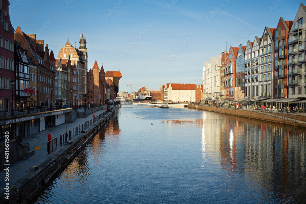 Poland. Beautiful view of the Old Town in Gdansk. Motlava river embankment