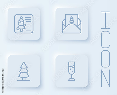 Set line Christmas postcard, Envelope, tree and Glass of champagne. White square button. Vector