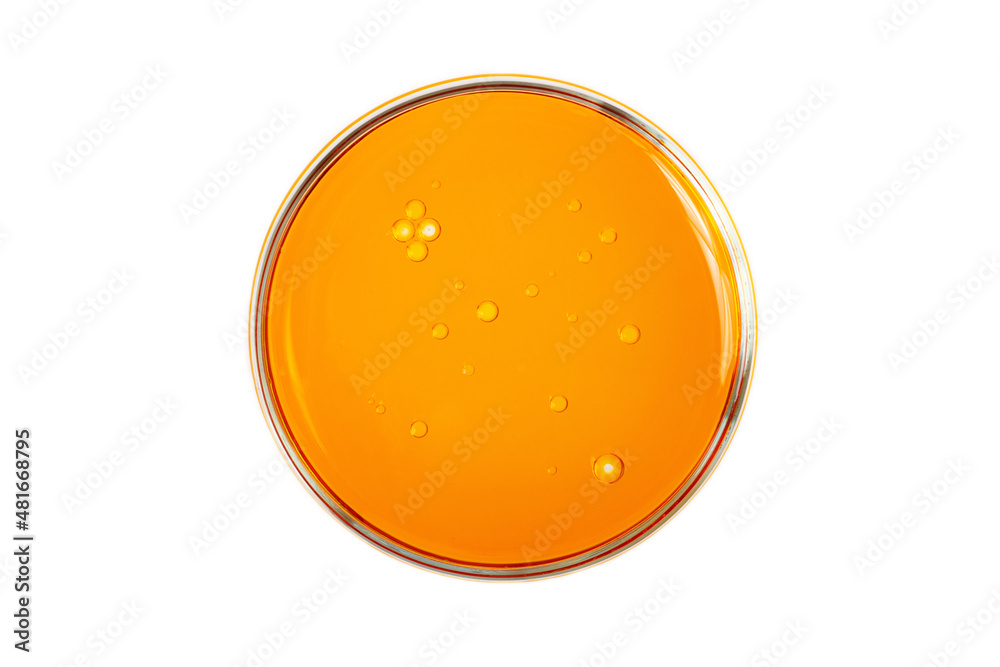 Top view of the petri dish with bubbles inside.Warm yellow background with copy space.Mockup concept,place for design. Top view of the petri dish with bubbles inside.Warm yellow background with copy space.Mockup concept,place for design.