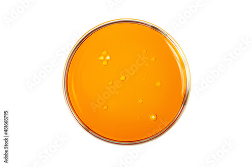 Top view of the petri dish with bubbles inside.Warm yellow background with copy space.Mockup concept,place for design.