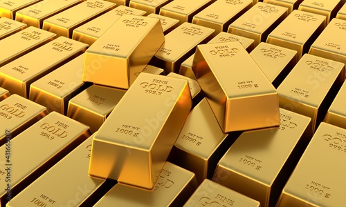 Gold ingots close up. Gold bars, the weight of a gold bar is 1000 grams. Wealth and reserve concept. Business and finance success concept. 3d rendering