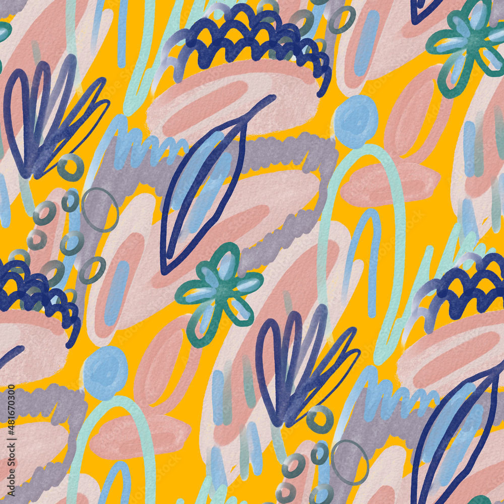 Naklejka premium Watercolor abstract seamless pattern. Creative texture with bright abstract hand drawn elements. Abstract colorful print. 