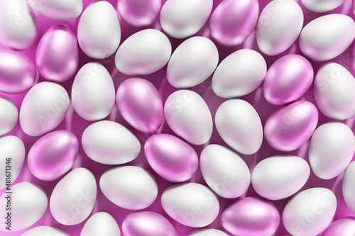 3d render of pink and white Easter eggs on a pink background